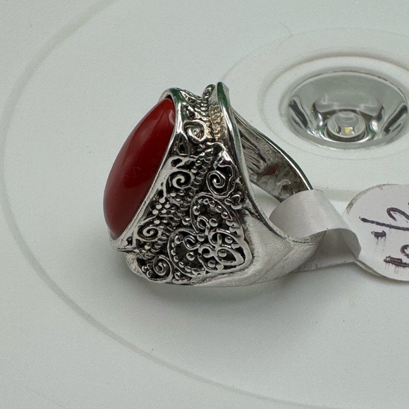 Stunning Bohemian Red Turquoise Oval Elongated Resin Gemstone Steel Alloy Ring - Picture 10 of 16